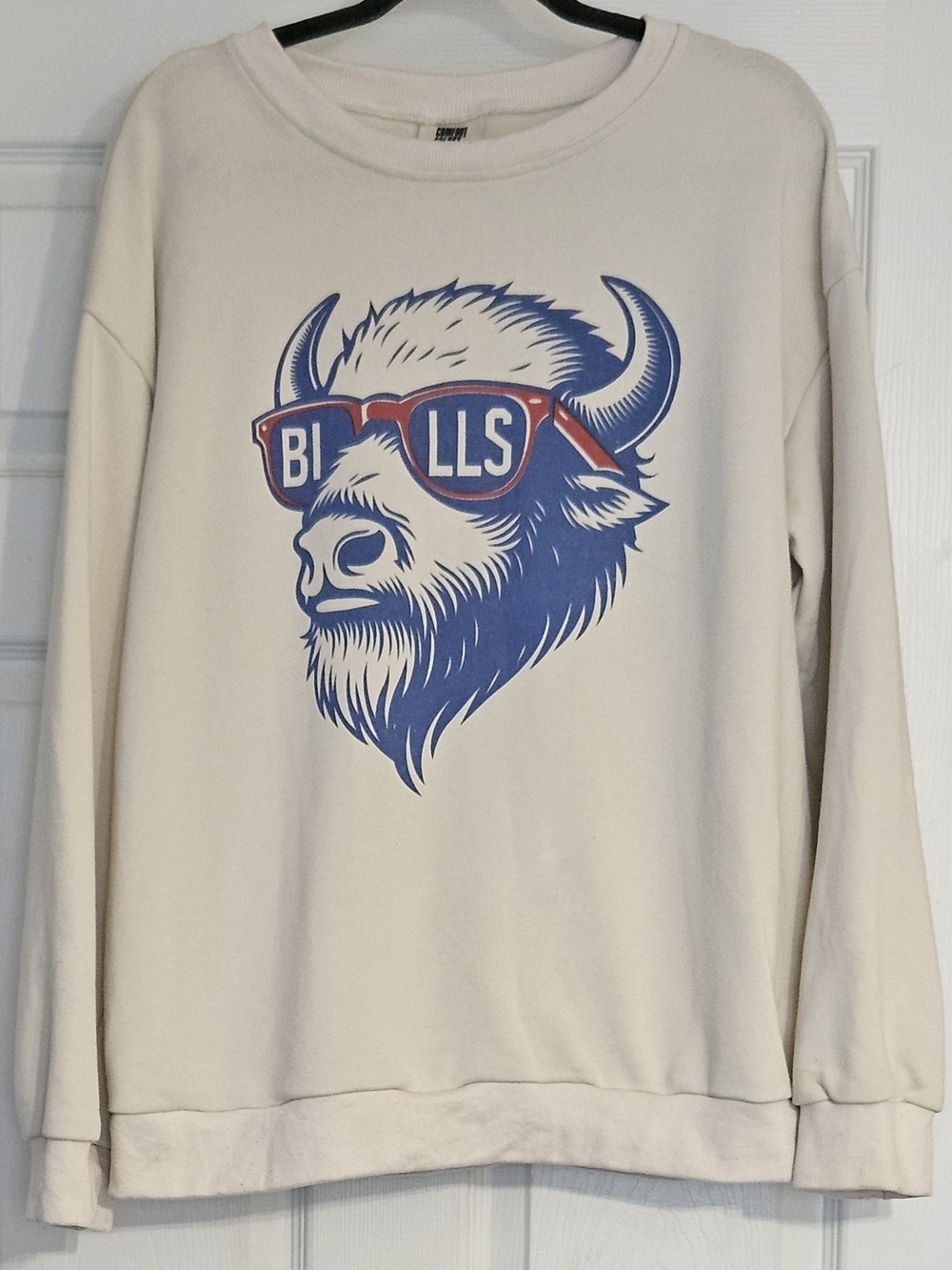 Comfort Colors Cream Crewneck Sweatshirt with Blue & Red Buffalo Graphic